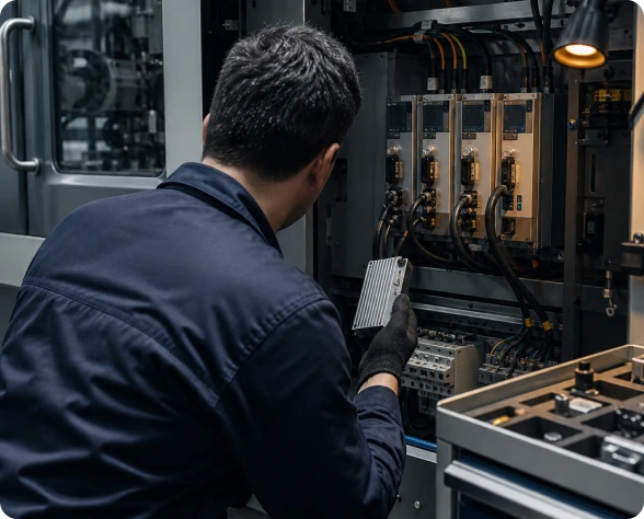 Técnico de DANROD EDM revisando el tablero eléctrico de una máquina